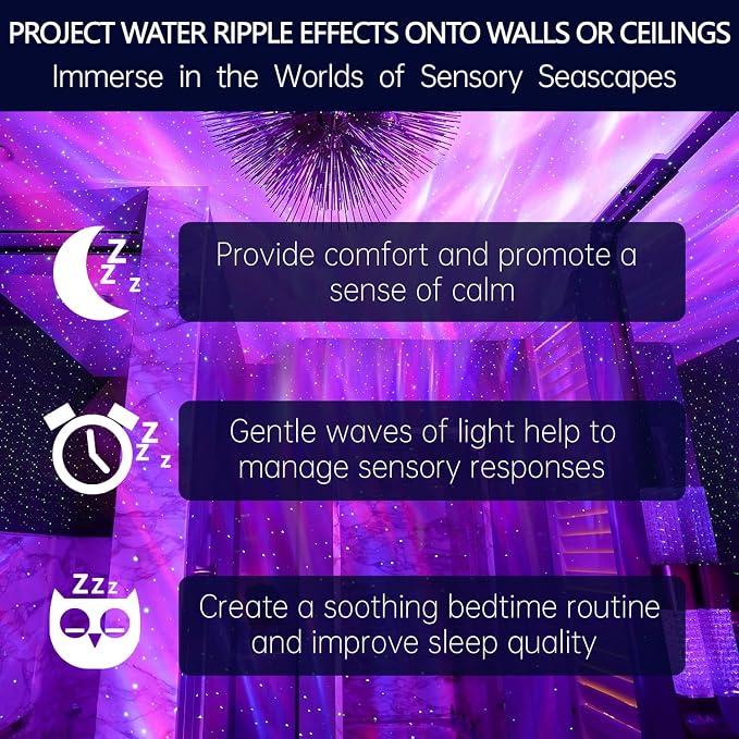 Calming Sensory Lights, Sensory Toys for Kids with Autism, Ocean Light Projector with 15 Color Patterns, Light Projects Water Ripple Effects onto Walls and Ceilings, Autism Toy,for Children and Adults