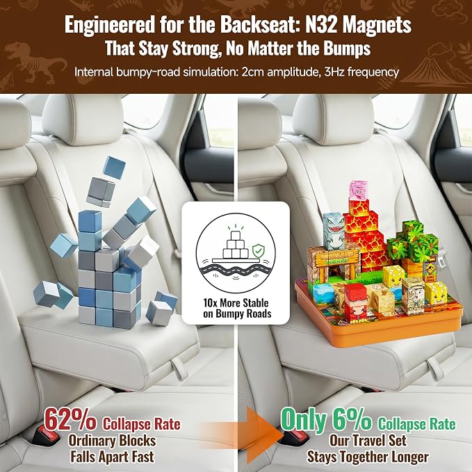 burgkidz Dinosaur Volcano Magnetic Blocks: 360g Portable Tin Case, N32 Strong Magnets, 4-Scene Storybook – Quiet STEM Travel Toy for Road Trip & Airplane, 49 PCS Building Set, Gift for Kids Ages 3-8