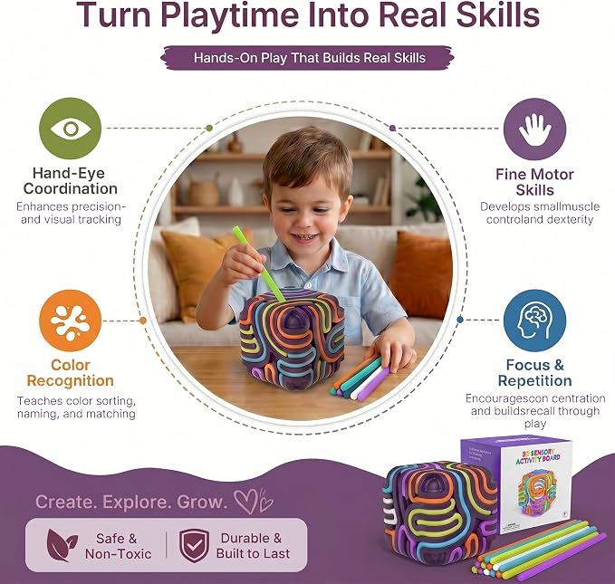 Sensory Activity Board Cube Fidget Toys for Kids & Adults - Zero Noise Silicone Quiet Toddler Travel Toys for Car Rides & Airplane - Autism ADHD Calming Toy Gift Stuffers with 15 Strings