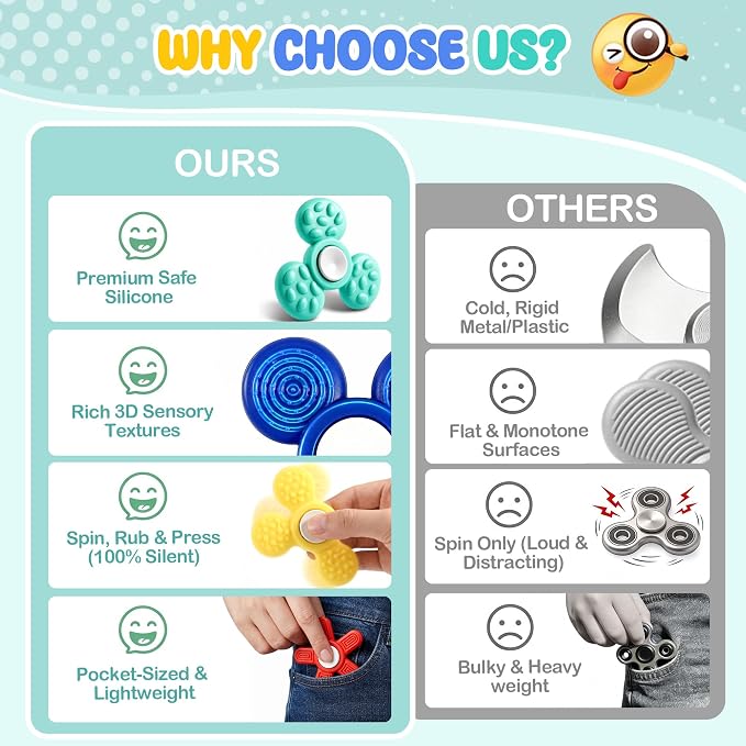 Silicone Sensory Fidget Spinner for Kids and Adults, Quiet Textured Fidget Toys with Soft Silicone Surface, Sensory Toys 4 Pack, Calm Focus Toy for Classroom, Office and Travel