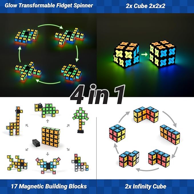 TOSY Magnet Fidget Spinner Glow - 16 Blocks, 3 in 1 Toy: Transformable Fidget Spinner, Infinity Cube, 2x2 Puzzle Cube, Glow, Stress Relief, STEM Magnet Tiles Birthday Gift for Kids/Boys/Girls/Adults