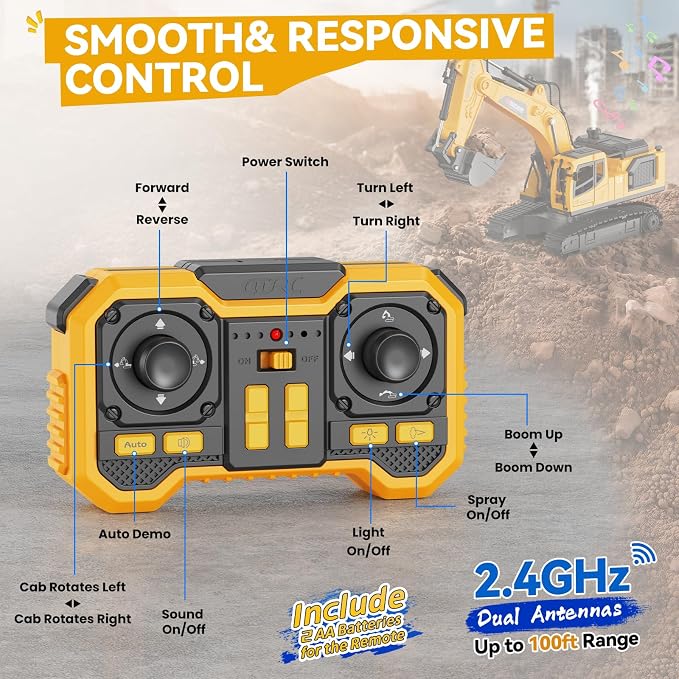 Remote Control Excavator Toy for Boys, 3-in-1 RC Excavator with Alloy Bucket, Breaker & Grapple, Construction Vehicle Toys with Lights & Sounds, 2×1200mAh Batteries, Birthday Gift for Kids 3-12