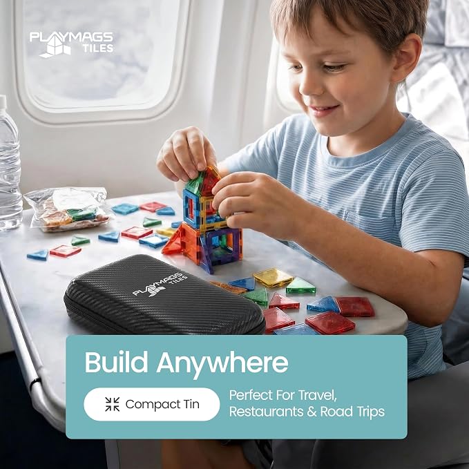 Playmags Mini Magnetic Tiles for Kids 100-Piece Set | Travel Magnetic Blocks | STEM Sensory Educational Toys | Portable Toddler Building Toys | Gift for Boys & Girls Ages 3