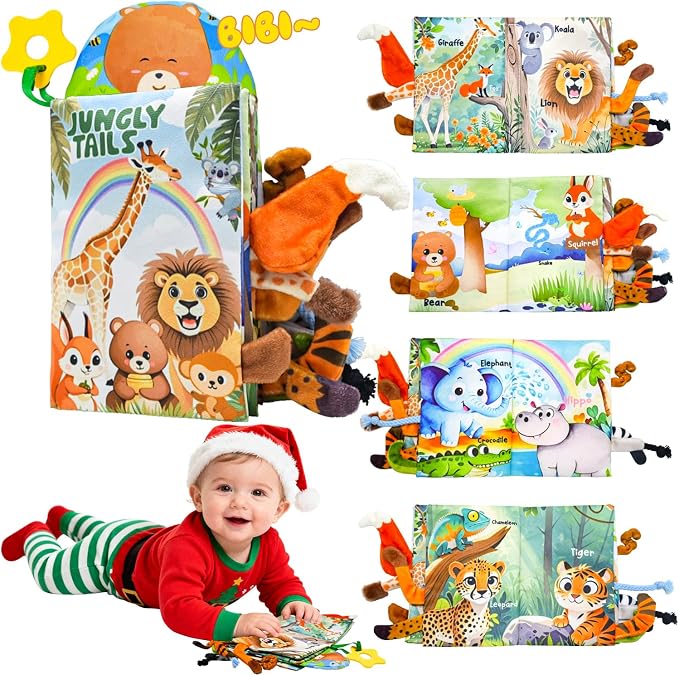 Kimicare Baby Toys 0-6 Month, Crinkle Books for Babies, Jungle Animal Tails Soft Baby Cloth Books 6 to 12 Months, Infant Tummy Time Sensory Toys, Birthday Gifts Christmas