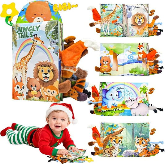 Kimicare Baby Toys 0-6 Month, Crinkle Books for Babies, Jungle Animal Tails Soft Baby Cloth Books 6 to 12 Months, Infant Tummy Time Sensory Toys, Birthday Gifts Christmas