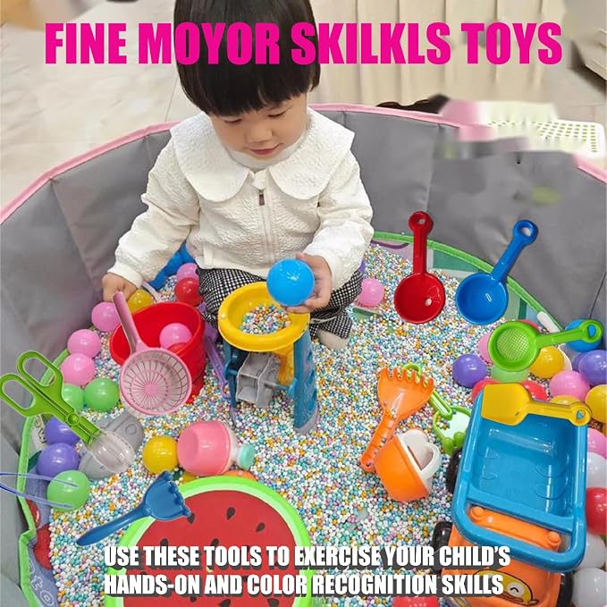 12 Pcs Sensory Bin Filler,Sensory Bin Tools, Fine Motor Skills Handy Scooper Set with 5 Scoops, Plastic Tweezers, Silicone Tongs, Beach Shovels, Air Pump, Scissors Clip