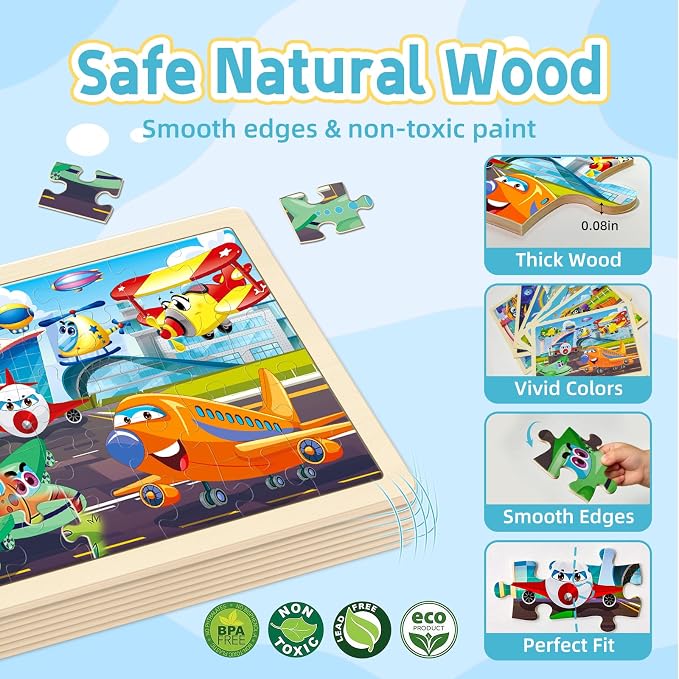 Puzzles for Kids Ages 4-6, 6-Pack 30-Piece Wooden Kids Puzzles | Vehicle Adventure Themes | Educational Puzzles for Kids Ages 3-5, Age-Appropriate Learning Toys, Ages 3+