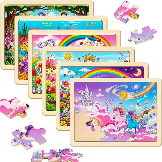 Puzzles for Kids Ages 3-5, 6 Pack Wooden Jigsaw Puzzles 24 Pieces | Unicorn Princess Mermaid Toys, Gift Box, Easter Christmas Birthday Gifts