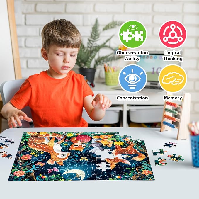 Biarek Puzzles for Kids Ages 4-8, 100 Piece Jigsaw Puzzle for Kids Ages 6-8, Cute Deer Animal Forest Puzzle for Kids Ages 4-6, Educational Learning Toys and Birthday Gifts for Boys and Girls