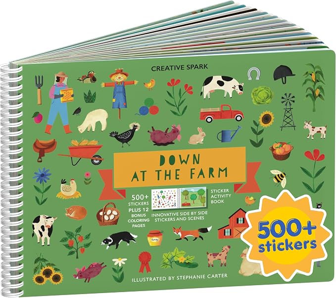 Cupkin Farm Animal Coloring & Sticker Activity Book | 500+ Stickers | Spiral-bound kids craft format with 12 scenes, 12 art pages, side-by-side viewing, and an easy-peel design for ages 2–8