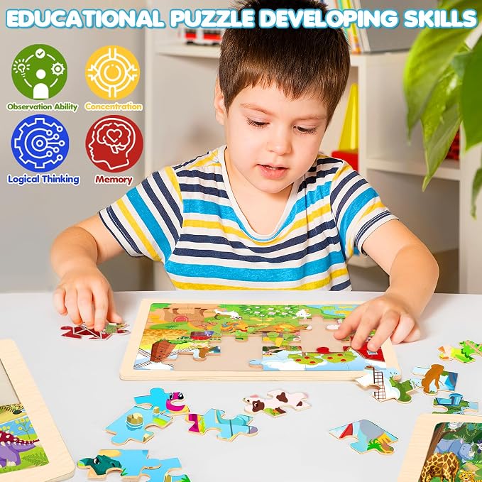 Puzzles for Kids Ages 4-6, 4 Packs Wooden Animals Jigsaw Puzzles for Toddlers Ages 3-5, Preschool Educational Puzzles Boards Toys Gifts for 3 4 5 6 Boys Girls