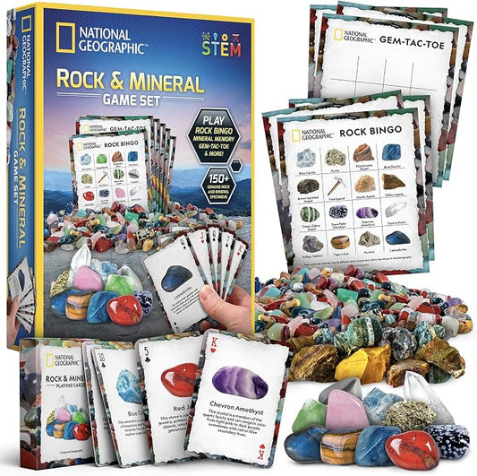 National Geographic Rock Bingo and Gemstone Trivia Game for Kids | 150+ Rocks and Minerals, Rock Bingo, Mineral Memory, Gemstone Trivia and Card Games, Geology Learning, Family Game