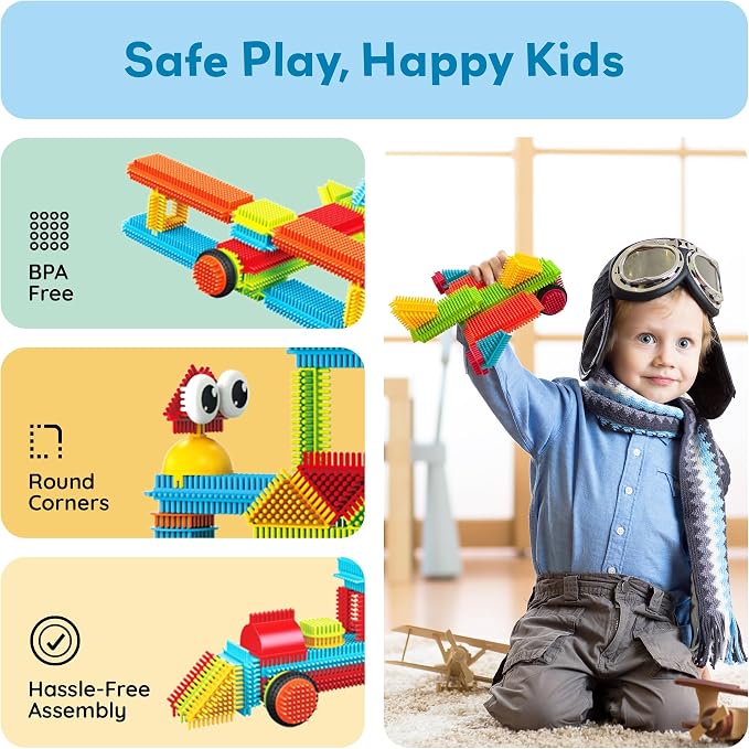 PicassoTiles 116 Piece Hedgehog Building Blocks, STEM Toy Set Kids Ages 3+ | soft interlocking bristle tactile construction, 4 action figure characters, decorative eyes, early educational creative play