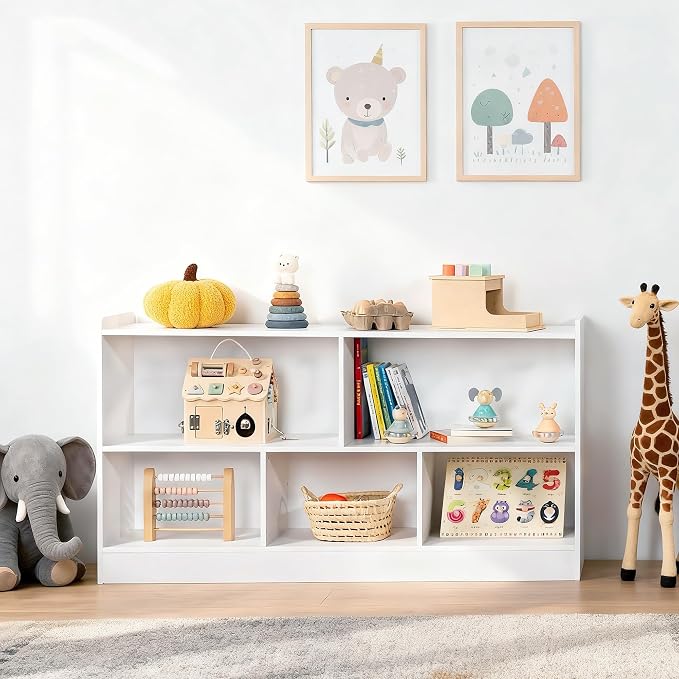 White Montessori Toy Shelf for Kids, 5-Section Storage Organizer | Open Shelving with Customizable 5-Section Layout for Kids Room, Playroom, Classroom, Books, and Toys