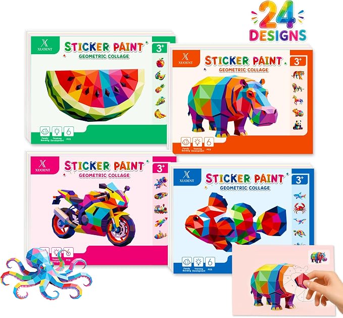 Xuoent Sticker by Number for Kids, 4-Pack Sticker Activity Books with 24 Designs, 3D Sticker Sets for Adults, Travel Toys & Quiet Time, Birthday Gifts for Girls Boys Ages 6-12+