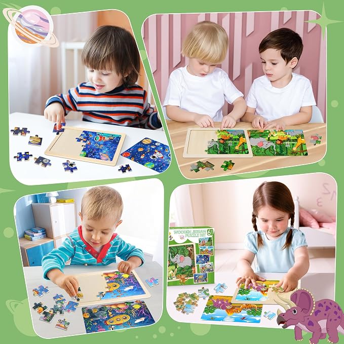 6 Packs Puzzles for Kids Ages 4-6,24Pcs Wooden Puzzles for Kids Ages 3-5 | Dinosaur,Animals,Vehicle,Space,Farm, Jigsaw Puzzles,Preschool Educational,Toys Gifts,for Children,Ages 3+Year Olds,Boys Girls