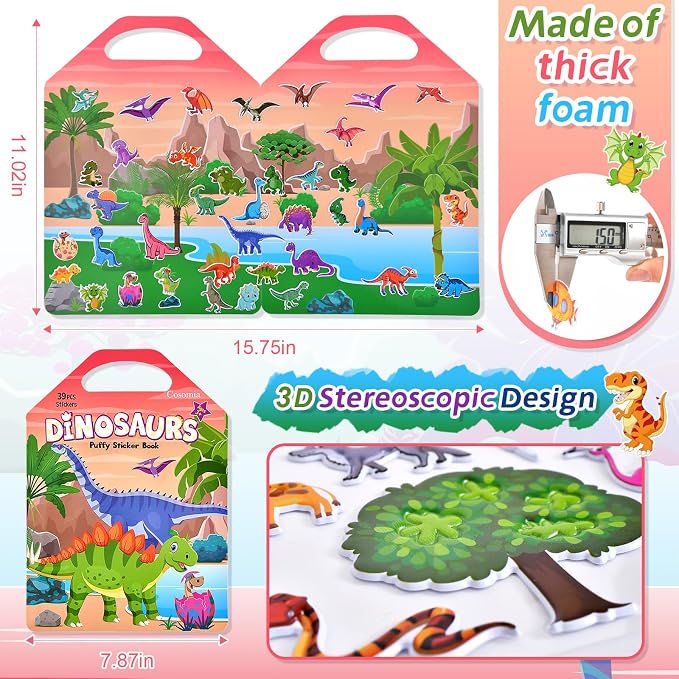6 Set (260pcs) Puffy Sticker Books Activity for Kids | Animal, Farm, Dinosaurs, Space, Travel Toys Essentials Reusable Stickers for Boys and Girls Ages 3+