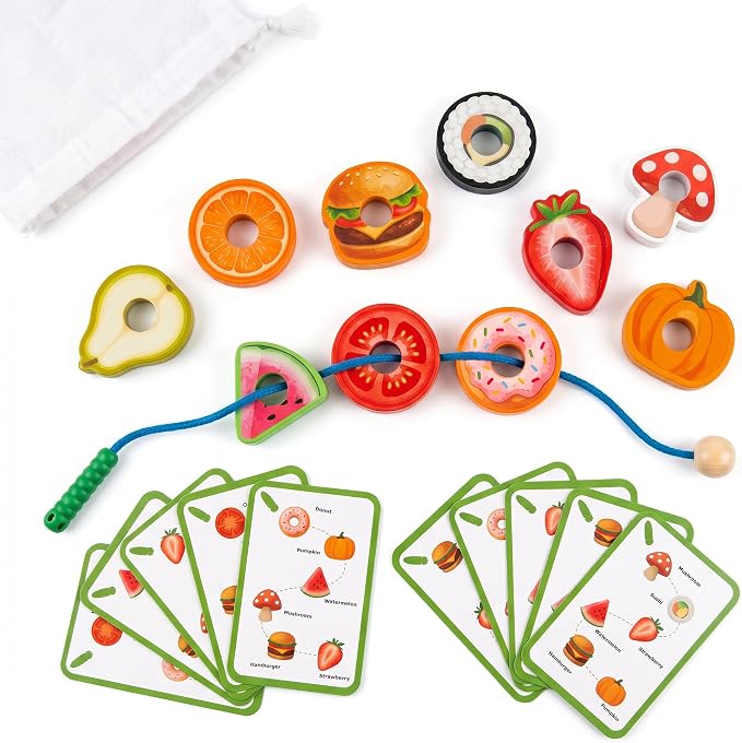 Wooden Caterpillar Lacing Toy, Fine Motor Skills Preschool Gift | 10 Fruit and Vegetable Threading Beads with 10 Double-Sided Pattern Cards, Montessori Toy for Toddlers