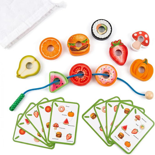Wooden Caterpillar Lacing Toy, Fine Motor Skills Preschool Gift | 10 Fruit and Vegetable Threading Beads with 10 Double-Sided Pattern Cards, Montessori Toy for Toddlers