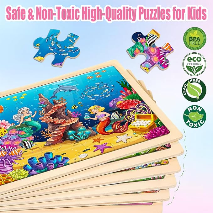 Puzzles for Kids Ages 3-5, 6 Pack Wooden Jigsaw Puzzles 24 Pieces | Unicorn Princess Mermaid Toys, Gift Box, Easter Christmas Birthday Gifts