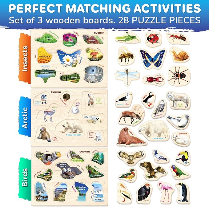 Wooden Puzzles for Toddlers 1-3 - 3 Montessori Kids Puzzles Ages 2-4 | Realistic Wood Puzzle for Toddlers 3-5 Boy and Girl - Learning Insects, Arctic Animals and Birds for Children