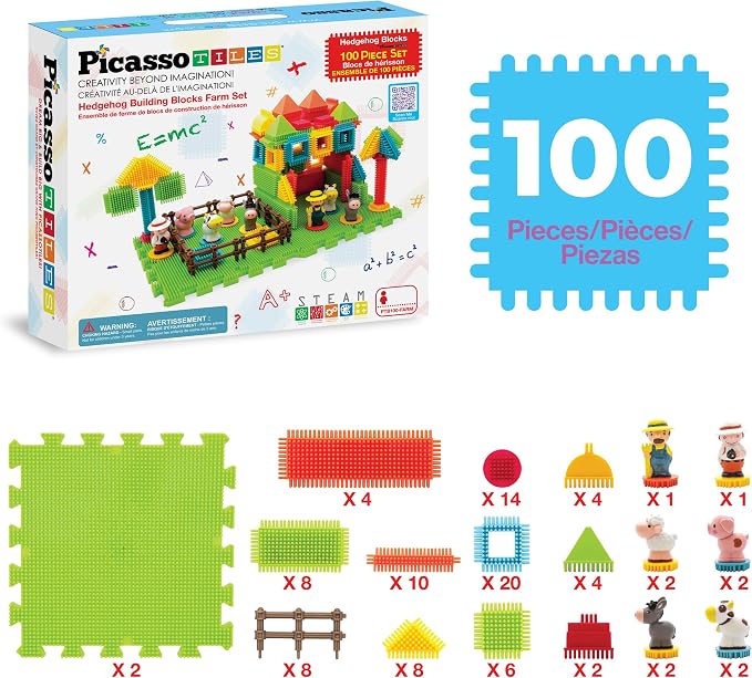 PicassoTiles PTB100 100pcs Hedgehog Shape 3D Building Blocks Tiles Farm Theme Set Learning Playset STEM Toy Set Educational Kit Child Branin Development Preschool Kindergarten Toy