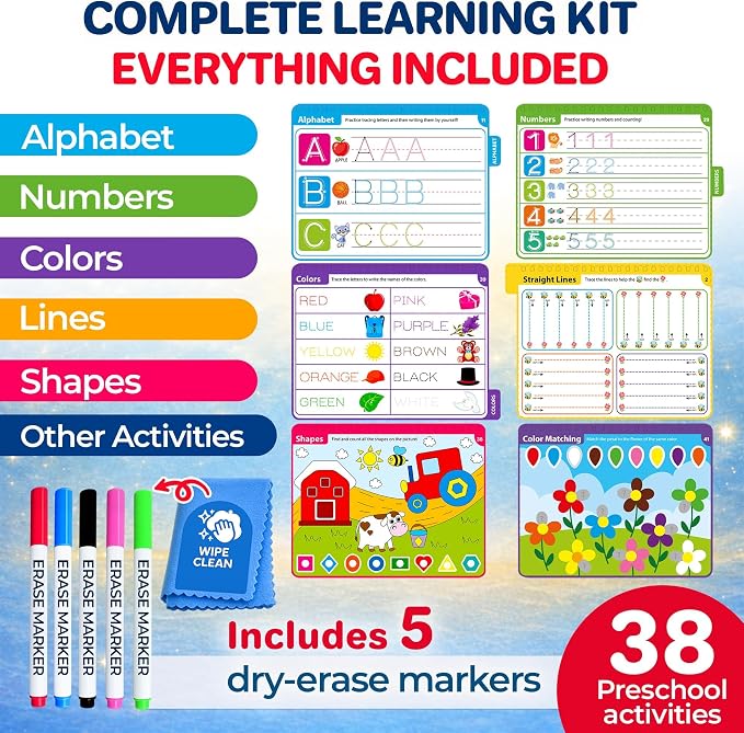 Tracing Books for Kids Ages 3-5 - Reusable Dry Erase Kids Activity Books | Writing Practice Workbook with Markers for Quiet Time Travel and Learning