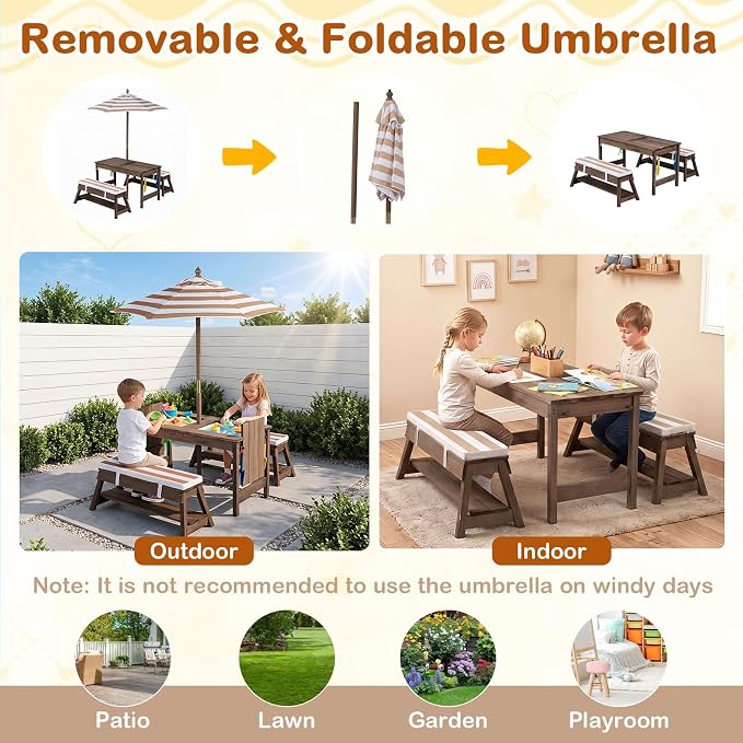 Costzon 4-in-1 Kids Picnic Table with Umbrella, Sand & Water Sensory Bins | Wooden Toddler Outdoor Table with Benches, Cushions, Cover, Gardening Tools, Kids Outdoor Furniture for Patio Backyard