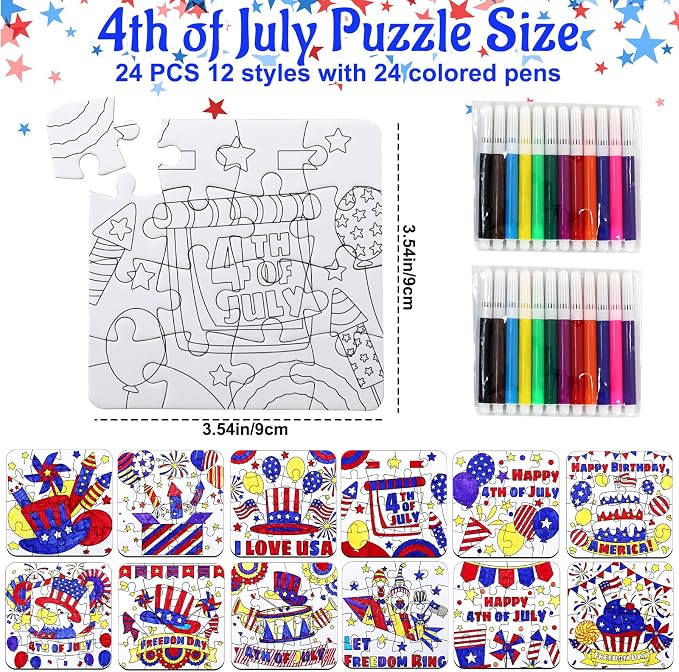 24 Sets 4th of July Patriotic Crafts for Kids, Independence Day Crafts Activities DIY Puzzle Kits Red White Blue Flag Star Memorial Day Jigsaw Painting Arts for Party Favors Gift Supplies Coloring Toy
