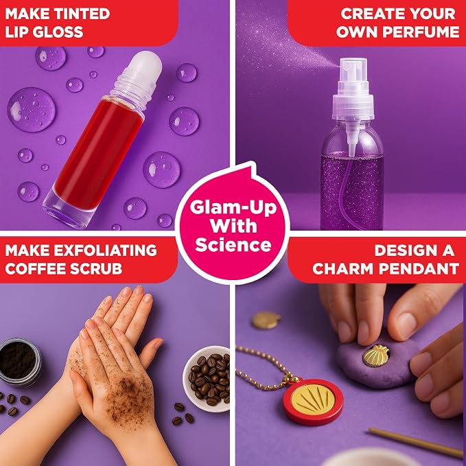 Doctor Jupiter Glam Science, DIY Makeup Craft Kit for Kids Ages 6,7,8+ | Birthday Gift for Girls Ages 6,7,8,9,10,11,12, DIY Makeup Craft Kit, Make Your Own Lip Gloss, 50+ Beauty Recipes