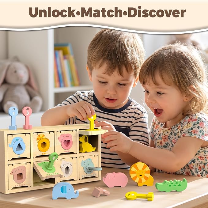 Montessori Toys for 2 Year Old|Wood Lock and Key Toddler Learning Toys | Fine Motor Skills|Shape Games Color Sorting|Preschool Animal Learning Sensory Toys|Birthday Gifts for 2-4 Girls and Boy