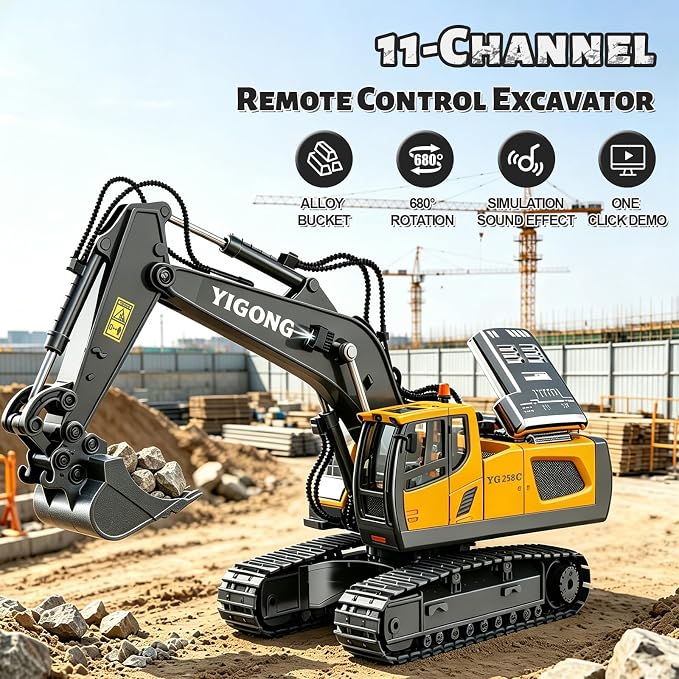 Remote Control Excavator Toy for Boys 6-11 yrs Old,11-Channel RC Excavator Toy,with Metal Shovel,2.4Ghz RC Construction Vehicle,Ideal Gifts for Kids on