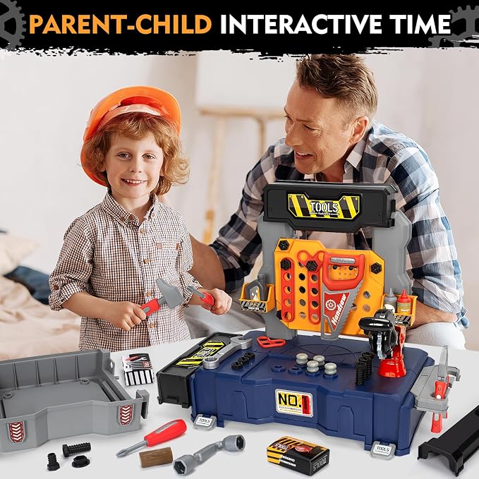 Kids Tool Bench with Electric Drill and Chair, Christmas Birthday Gift for Boys Girls Age 3,4,5+ Fun Play Kids Workbench, Transformable Toddler Tool Box Set, Construction Tool Toys for Toddler 3-5