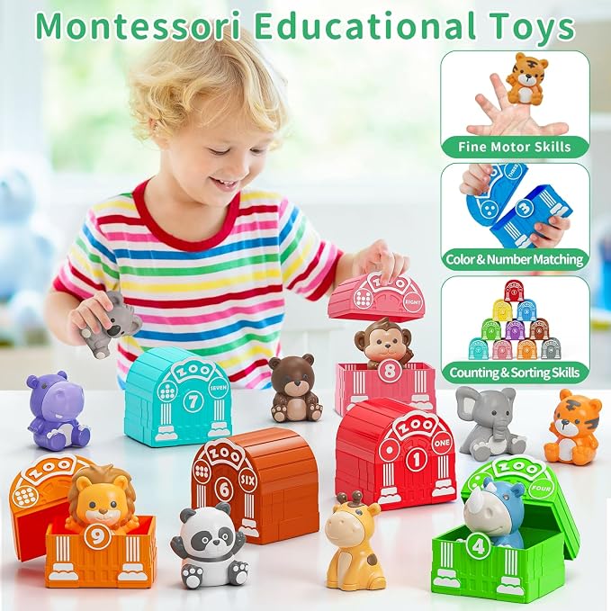 Learning Toy for Toddlers 1 2 3 Year Old, Montessori Educational Counting, Matching & Sorting Sensory Toys, 10 Safari Animals & 10 Zoos, Birthday Easter Gift for Baby Boy Girl Age 12-18 Months | 10 Zoo Animal Toys & 10 Barns, Counting, Matching & Sorti...