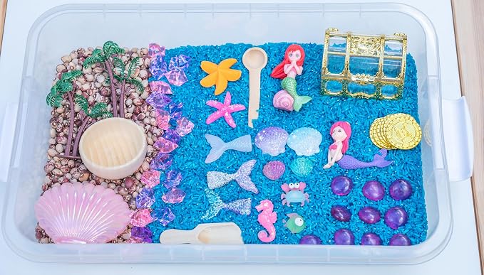 Mermaid Sensory Bin Kit for Kids | Blue Rice, Pinto Beans, Mermaids, Gems, Shells & Treasure Chest – Ocean-Themed Sensory Play with Storage Bin