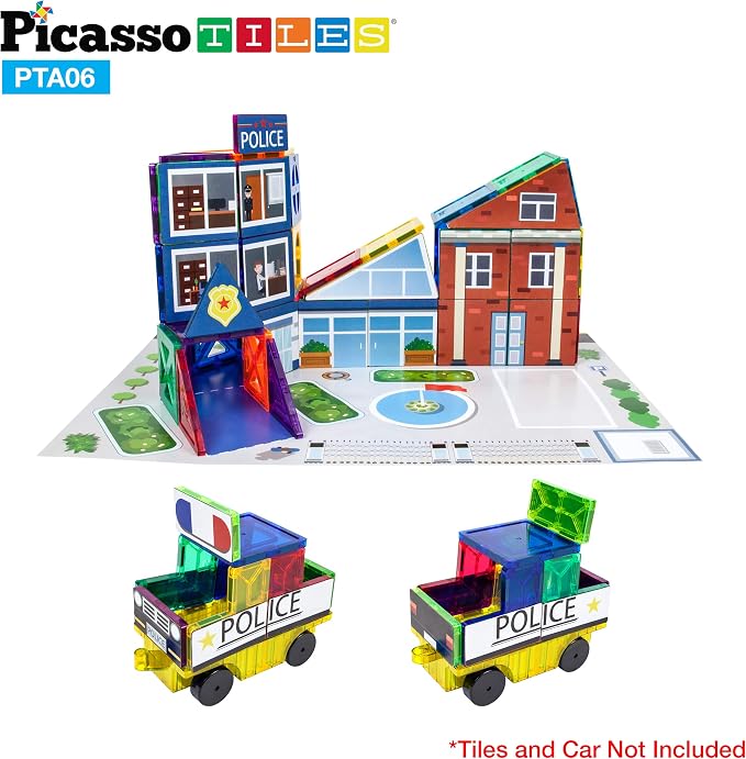 PicassoTiles 80pc School, Hospital, Police Station 3-in-1 Theme Magnet Self Adhesive Backing Stick-On Puzzle Graphic Kit and Overlay Maps for Magnetic Building Blocks STEM Learning Construction Toy