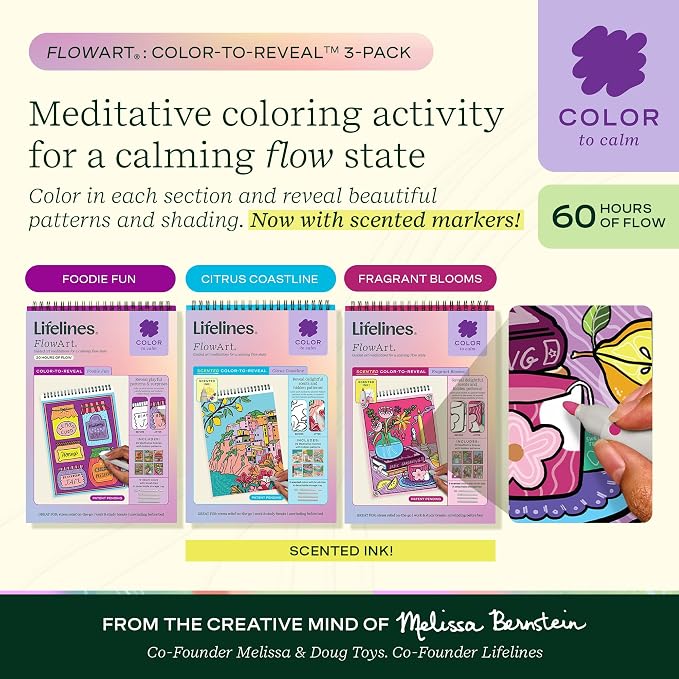 Lifelines FlowArt Activity Pad 3-Pack, Guided Art Meditation Coloring Books | 12 Double-Sided Markers, 60 Scenes - Guided Dot Art Meditations for Tweens, Adults & Seniors - Patent-Pending