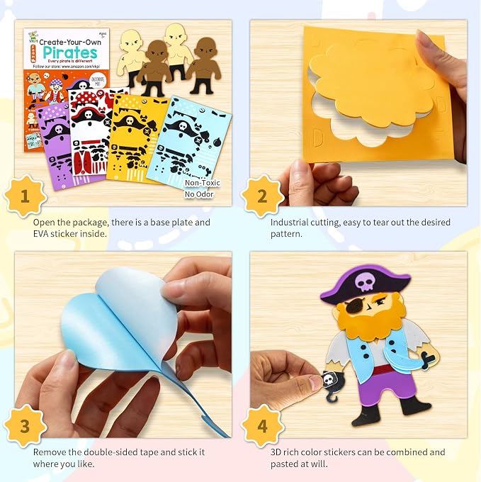VKPI 4 Pieces EVA Foam Art Crafts Gift Kit, Creative Make Your Own Pirates, Cartoon Foam Paper Craft Projects for Kids Ages 4+ Toddler, Preschool Learning Toy for Birthday Party Favor Supplies