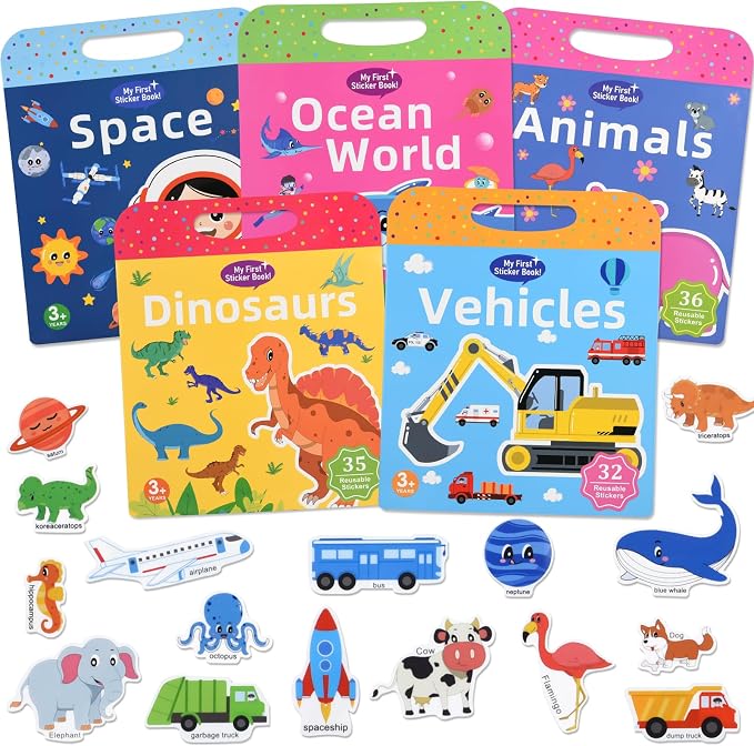 ASTARON 5 Pack Reusable 3D Puffy Sticker Books for Kids 3-6 | Jelly Sticker Game Educational Sensory Learning Toy, Travel Toys and Busy Book(Vehicle Dino Animal Ocean Space)