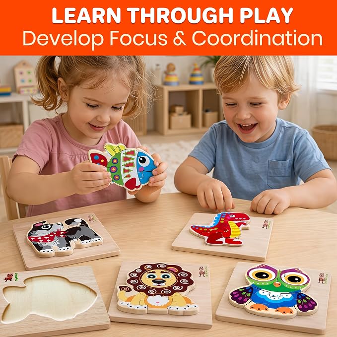 QUOKKA Wooden Puzzles for Toddlers 1-3 – 6XSET Chunky Toddler Puzzles Ages 2-4 – Montessori Animal Toy for Kids 3-5 Year Old – Wood Games Gift for Boys & Girls