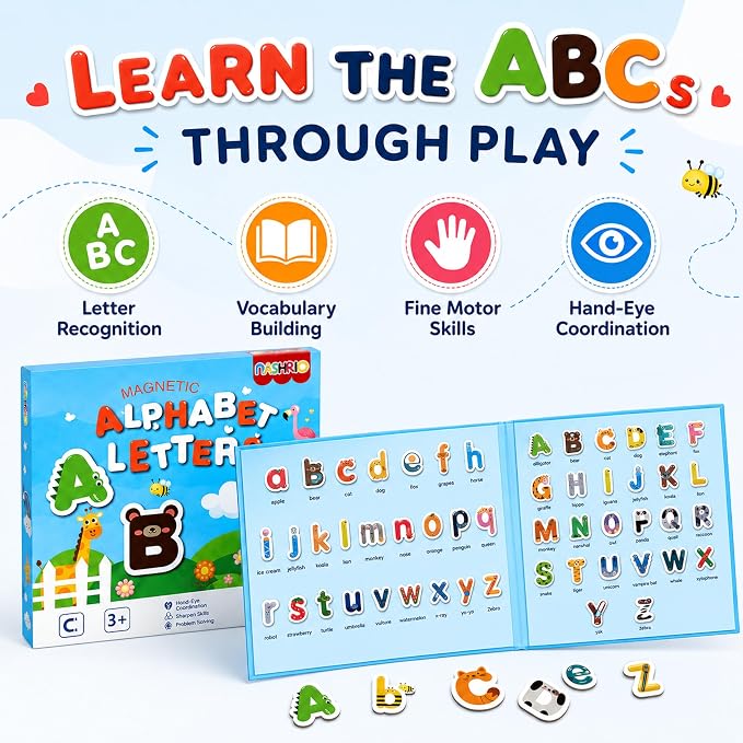 NASHRIO Magnetic Alphabet Letters for Kids Ages 3-5, ABC Learning Toys with Animal Words, Educational Preschool Toys, Montessori Early Learning Magnetic Book Set for Boys and Girls 3 4 5