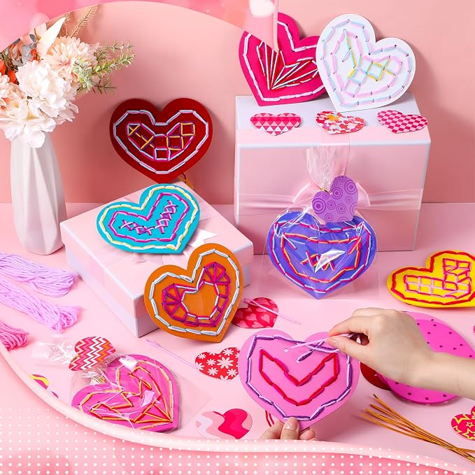 Capoda 18 Sets Valentines Gifts Bulk Lacing Cards Educational Threading Toy for Wooden Lacing Card Toys with Colorful Threads for Develop Imagination Early Education Learning Activity(Valentines)