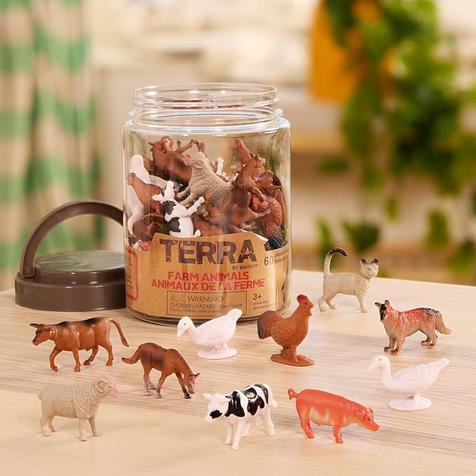 Terra by Battat Farm Animals Toy Tube, 60 Mini Figures, 12 Designs, Tubes | 60 plastic farm animal toys in a storage tube with 12 realistic designs; cow, pig, goat, sheep and more, Animals; 3+ Years