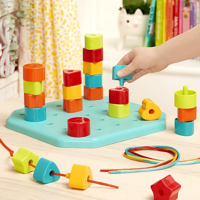 Battat Toddler, Count & Match Stacking Pegboard Toy | 31-piece set with 1 pegboard, 25 colorful pegs, and 5 matching cords for stacking, lacing, counting, and matching, 2+ Years