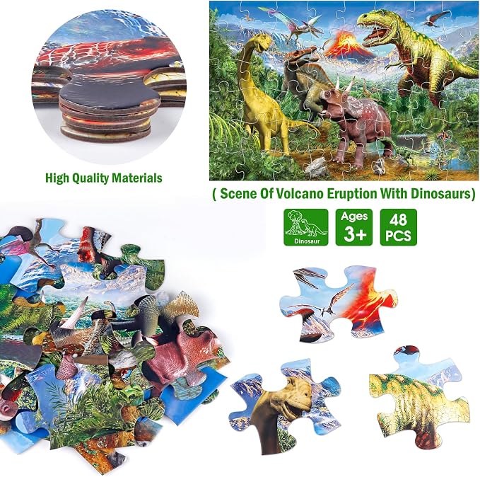 Jumbo Floor Puzzle for Kids,48 Piece Volcano Dino Jigsaw Puzzle Ages 3-8 | Thick Cardboard Volcano Dinosaur Puzzle for Preschool Learning, Toddlers Ages 3-8, 35x24 in Completed,Gift for Boys and Girls