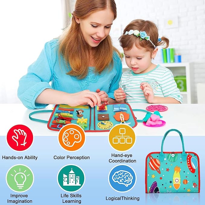 Montessori Busy Board Sensory Toddler Activity Book (Green) | Toddla Learning Quiet Book for Boys & Girls Ages 1-3, Ideal Birthday & Christmas Gift for 1+ Year Old