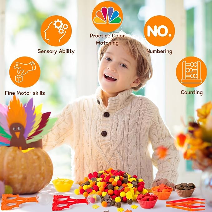EZdhuawuse Fall Sensory Bin Fillers - 294P Fall Thanksgiving Fine Motor Toys Counting Sorting Set for Kids Autumn Counting Toy with Felt Maple Leaf Pom Poms Cup Clip for Preschool Education Activities