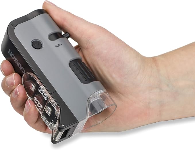 Carson MicroFlip 100x-250x LED and UV Lighted Pocket Microscope with Flip Down Slide Base and Adapter with CarsonCam Phone App - Bundle Included with 24 Prepared Insect and Animal Slides (MP-250BUN) | STEM Handheld Microscope Kit with Included Smartpho...