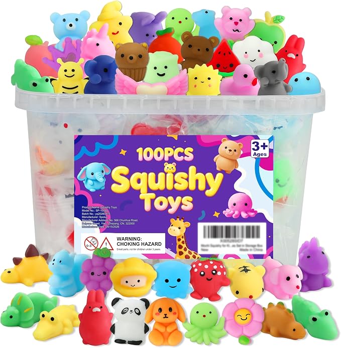 100 Pcs Mochi Squishy Toys, Animal/Fruit Squishies Party Favors for Kids | Soft and Cute Sensory Toys, Pinch Stretch Fidget Toys, Pinata Gifts Goodie Bag Stuffers,Treasure Box Toys Classroom Prizes