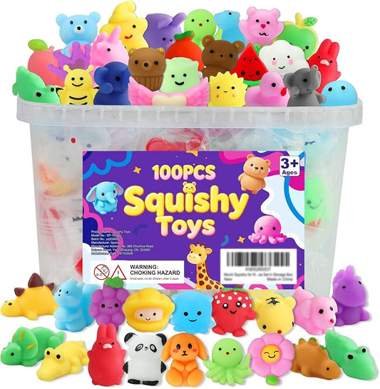 100 Pcs Mochi Squishy Toys, Animal/Fruit Squishies Party Favors for Kids | Soft and Cute Sensory Toys, Pinch Stretch Fidget Toys, Pinata Gifts Goodie Bag Stuffers,Treasure Box Toys Classroom Prizes